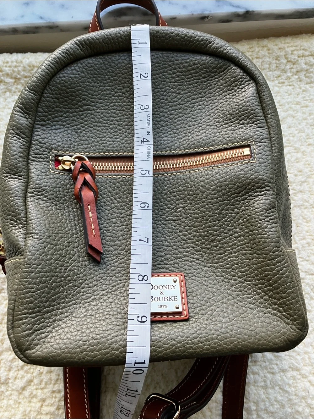 Dooney & Bourke Olive Pebble Leather Mini Backpack with Brown Trim